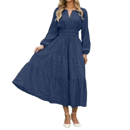 DGMIOCS Women s V Neck Tiered Sleeve Dress for Daily Wear with Elegant and Soft Stretchy Fabric Versatile Tunic Style for Fall Winter Navy XXL