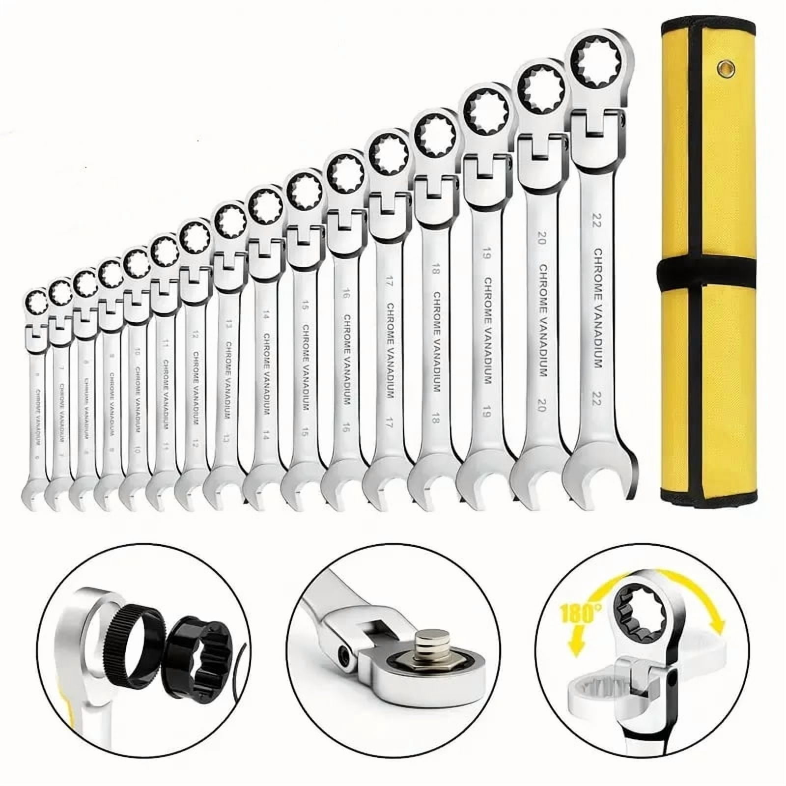 16PC Metric Ratchet Wrench Set 6-22mm - Chrome Vanadium Steel Toolkit with Roll Bag for Auto Repair