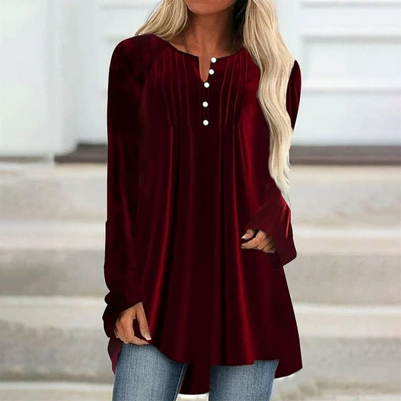 ylioge Velvet-Shirts for Women Plus Size S-5X Long Sleeve Tunic Tops Womens Trendy Solid Color Pullover Button Crewneck Pleated Raglan Blouses Top