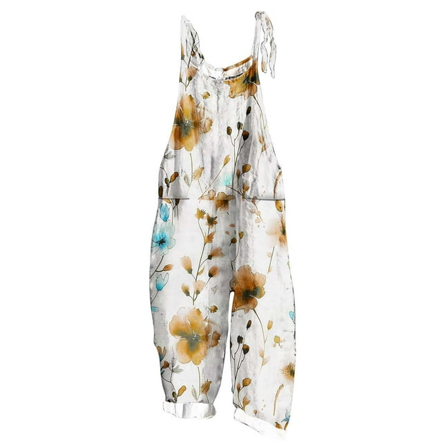 yoeyez Rompers for Women Plus Size,Womens Summer Printed Plus Size Romper Sleeveless Adjustable Straps Backless Jumpsuits With Pockets Yellow,L