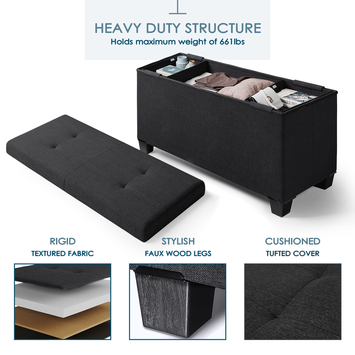 Storagebud Ottoman Storage Bench, Linen 30" Ottoman with Storage, Black