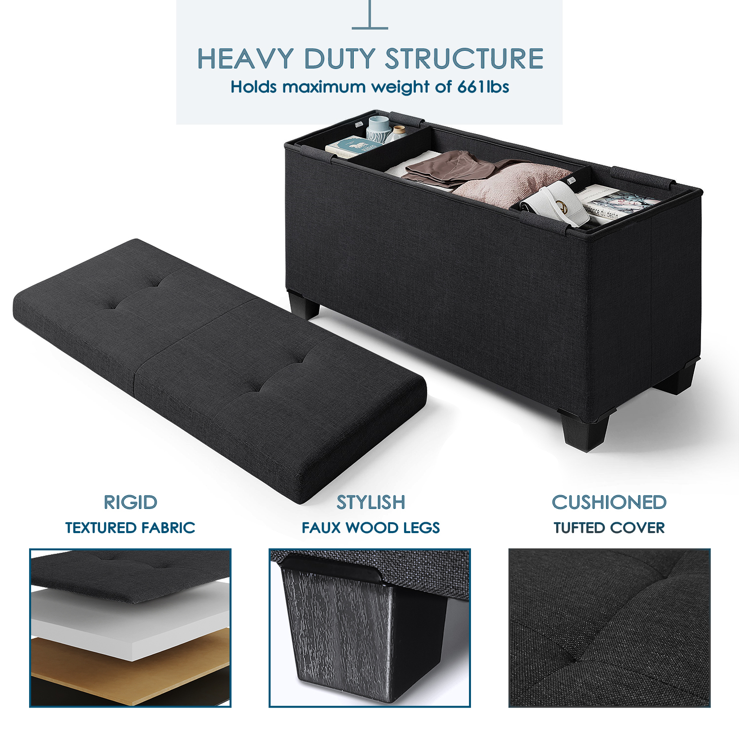 Hearth & Harbor Storage Ottoman Bench, 30", Black photo 6