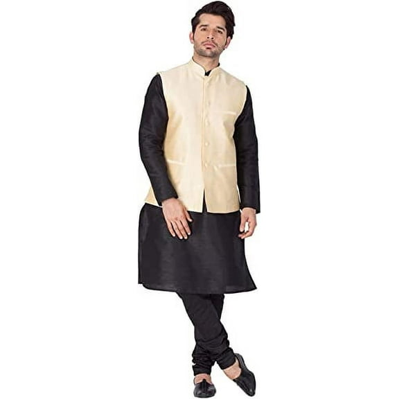 Royal Kurta Mens Cotton Silk Dhoti Kurta Set (38, Gold-Black)