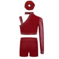 thumbnail image 2 of inlzdz Girls Ballet Jazz Hip Hop Modern Dance Outfits One Shoulder Crop Tops with Shorts Hairband Set Burgundy 8, 2 of 4