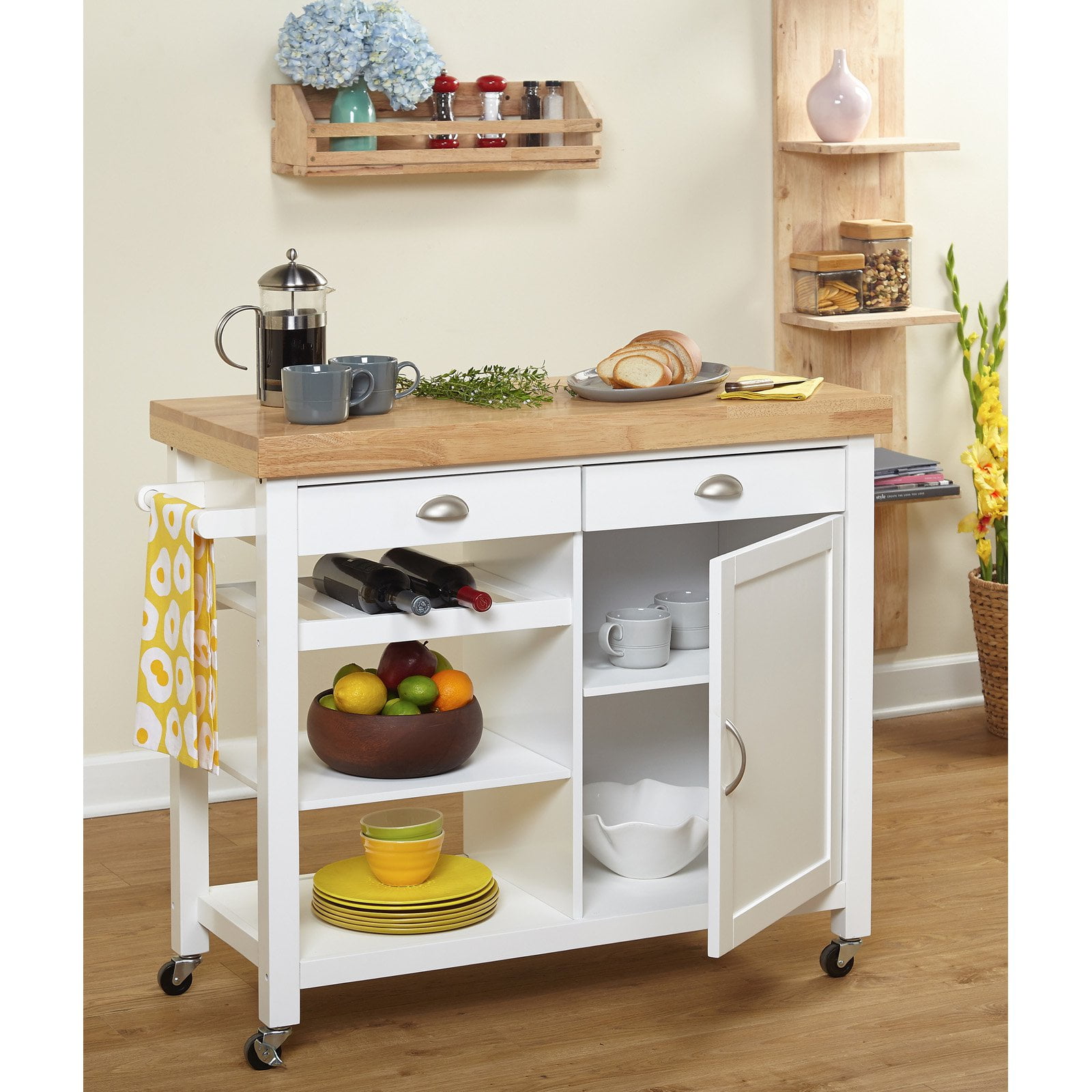 TMS Martha Butcher Block Rolling Kitchen Island with Cabinet, Drawers, Shelves, and Towel Rack, White