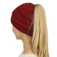 thumbnail image 2 of C.C BeanieTail Sparkly Sequin Cable Knit Messy High Bun Ponytail Beanie Hat, Burgundy, 2 of 4