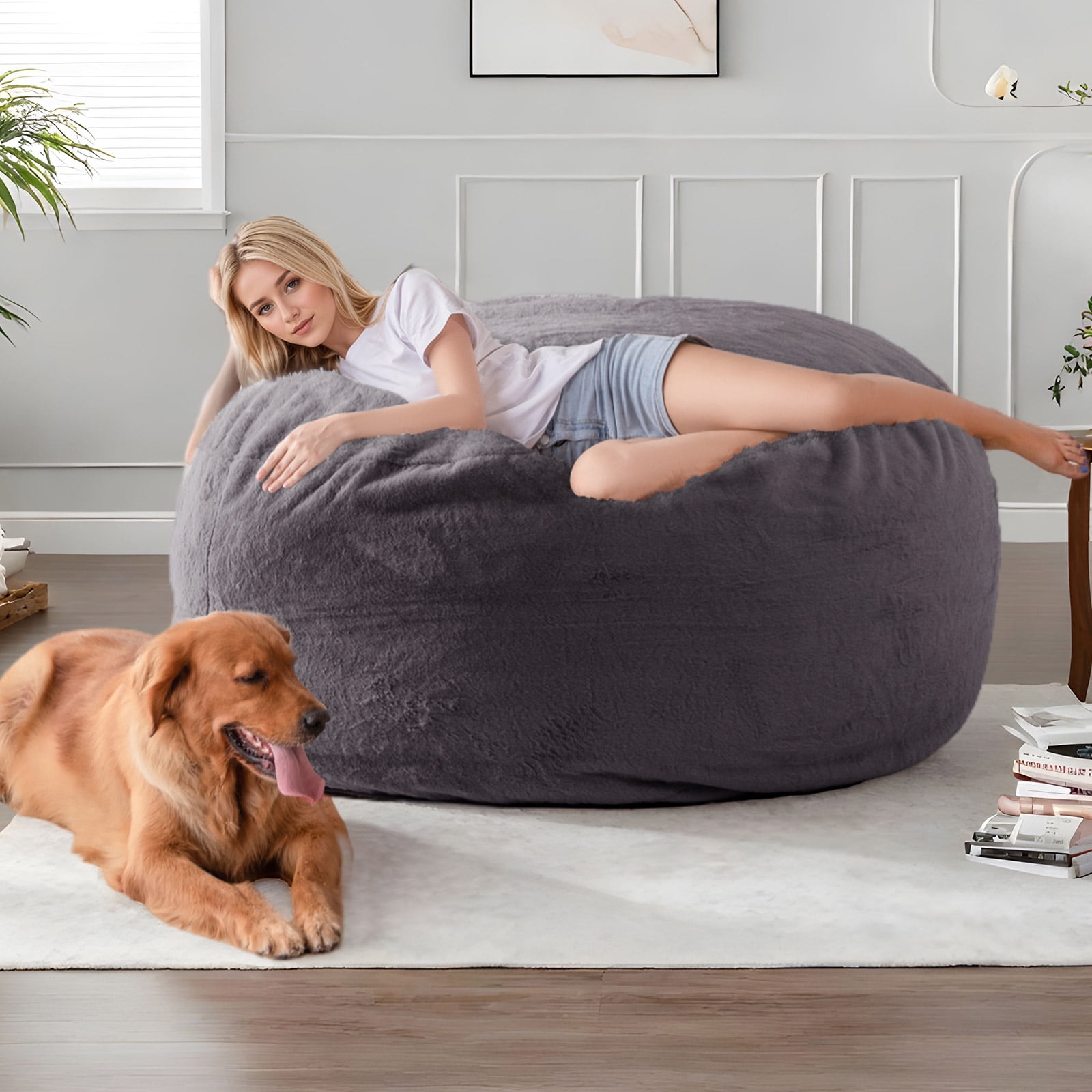 Giant Bean Bag Chairs Bean Bag Bed with Washable Cover Ultra Soft, Convertible Bean Bag from Chair to Mattress, Huge Cordoroys Bean Bags for Adult,Couples,Family,Dgrey,Queen