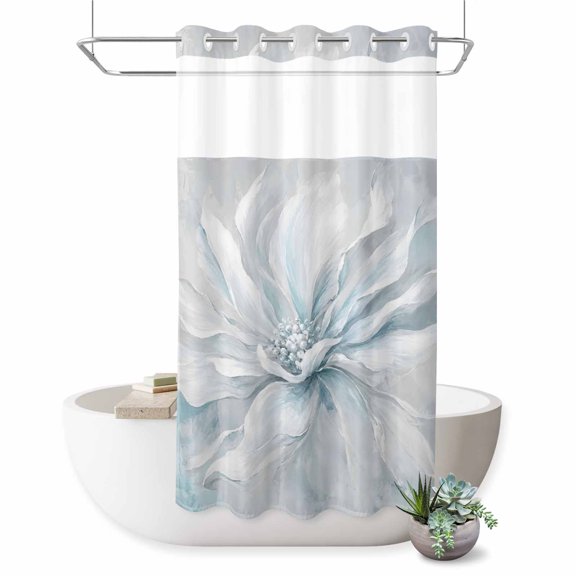 No Hook Shower Curtain, Blue White Floral Shower Curtains for Bathroom with See Through Top Window, Modern Abstract Blooming Flower Artwork Waterproof & Washable Bath Curtain Stand Up Stall 36"x72"