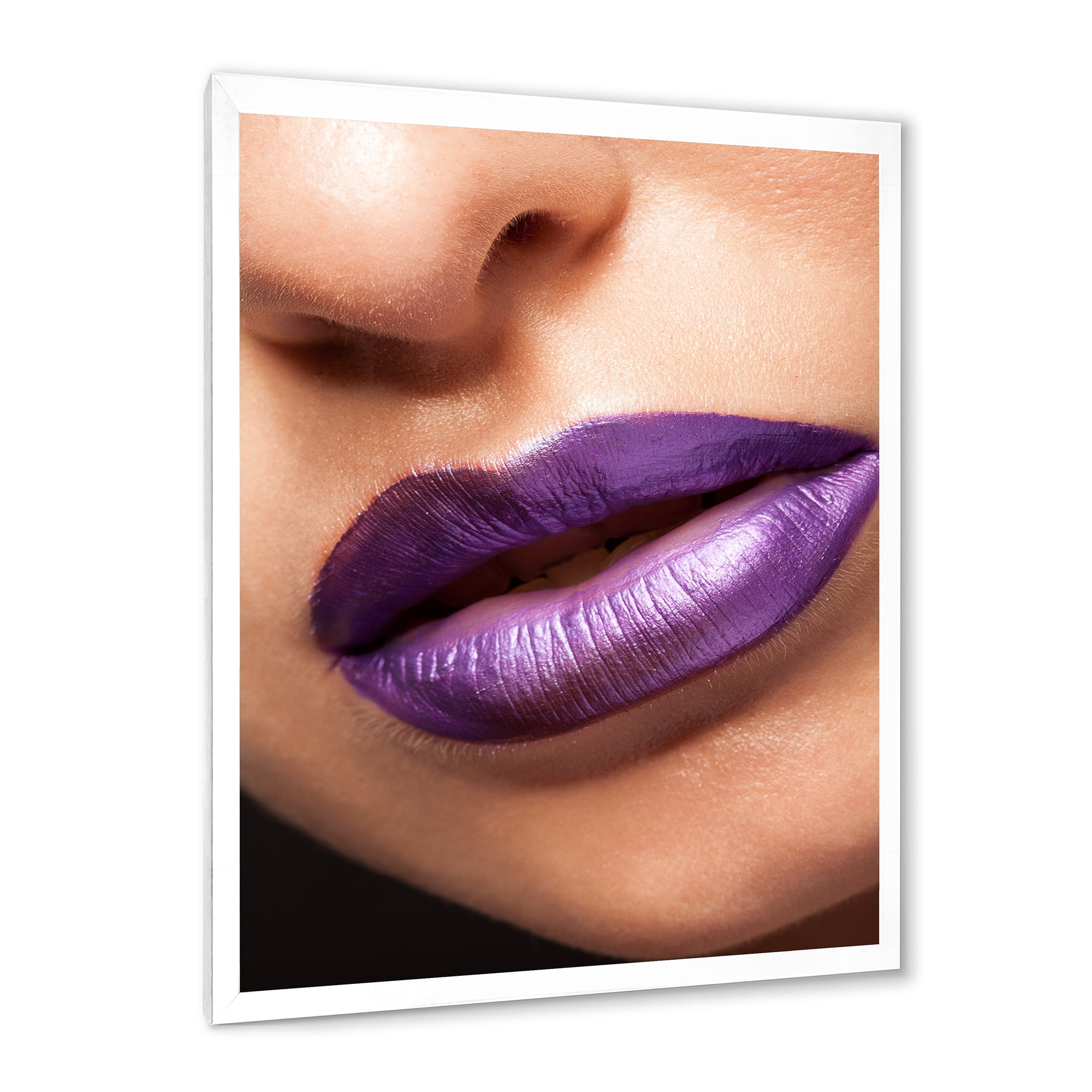 Designart 'Close Up View of Girl Lips With Purple Lipstick' Modern Framed Art Print