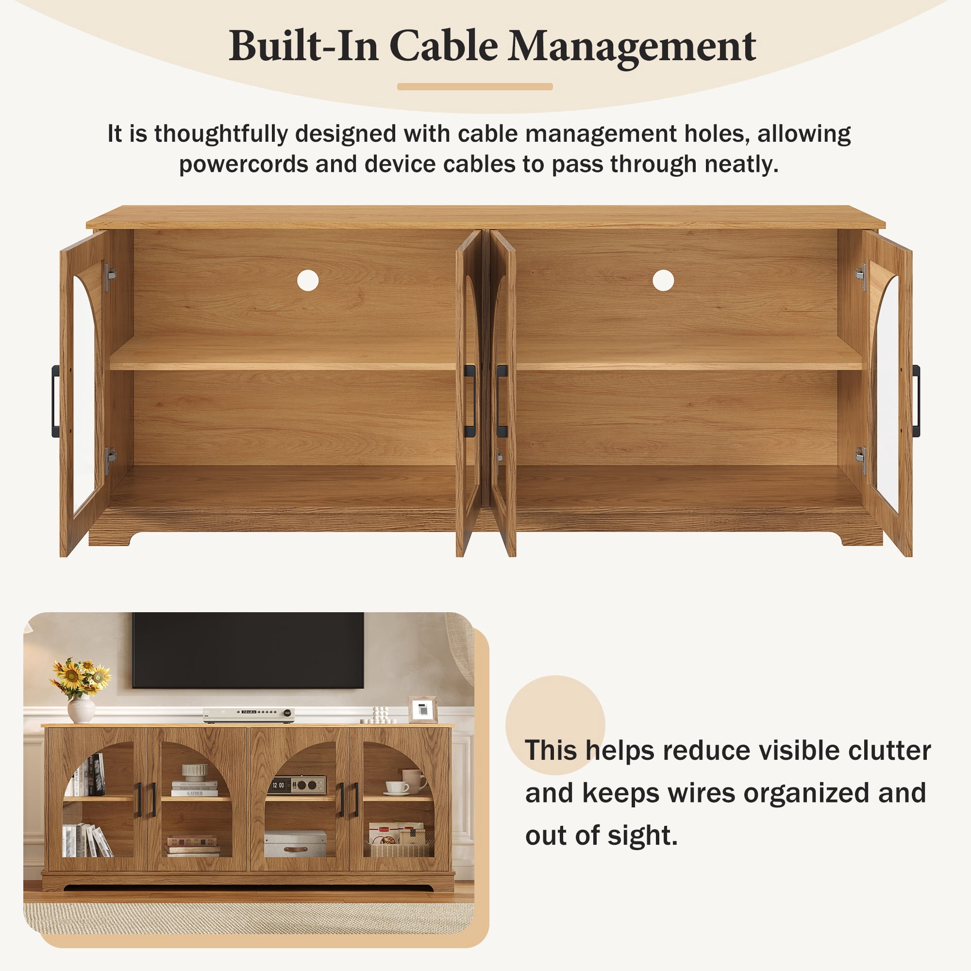 PORKISS Two-Tone TV Stand for 70", Vintage Media Console Cabinet with 4 Arched Tempered Glass Doors, Entertainment Center with Cable Management and Storage, Brown