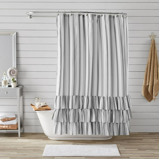 Striped Ruffle Printed Polyester, Navy Blue And White Ruffle Shower Curtain