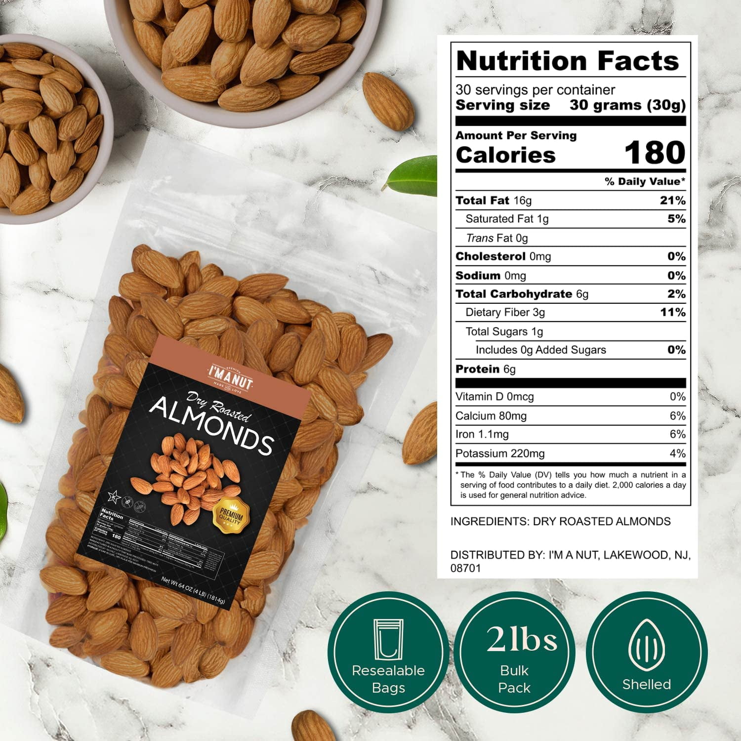 Dry Roasted Unsalted Almonds 32oz, Batch Tested, Gluten & Peanut Free Non-GMO Roasted Almonds Whole Nuts