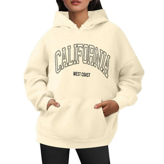 Bibifish Hoodies For Women California City Letter Print Hoodies Long Sleeve Drawstring Hoodies Oversized Fleece Pockets Tops