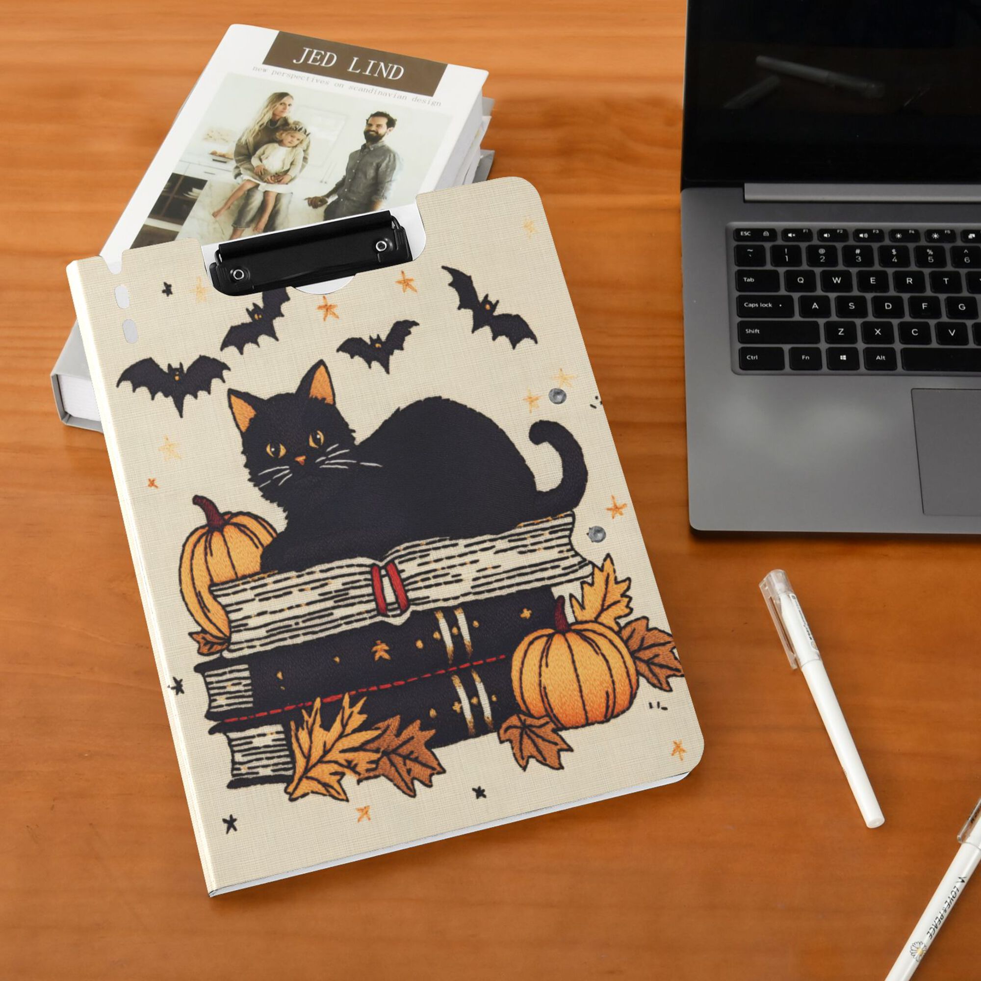 FORMRS A4 Clipboard Folder with Pen Holder Horizontal Foldable School Office Binder, Halloween Cat