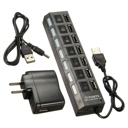 - 7-Port USB Hub with ON / OFF Switch Adapter LED Light (+ 5V Power Adapter 2A AC Wall ) - Black
