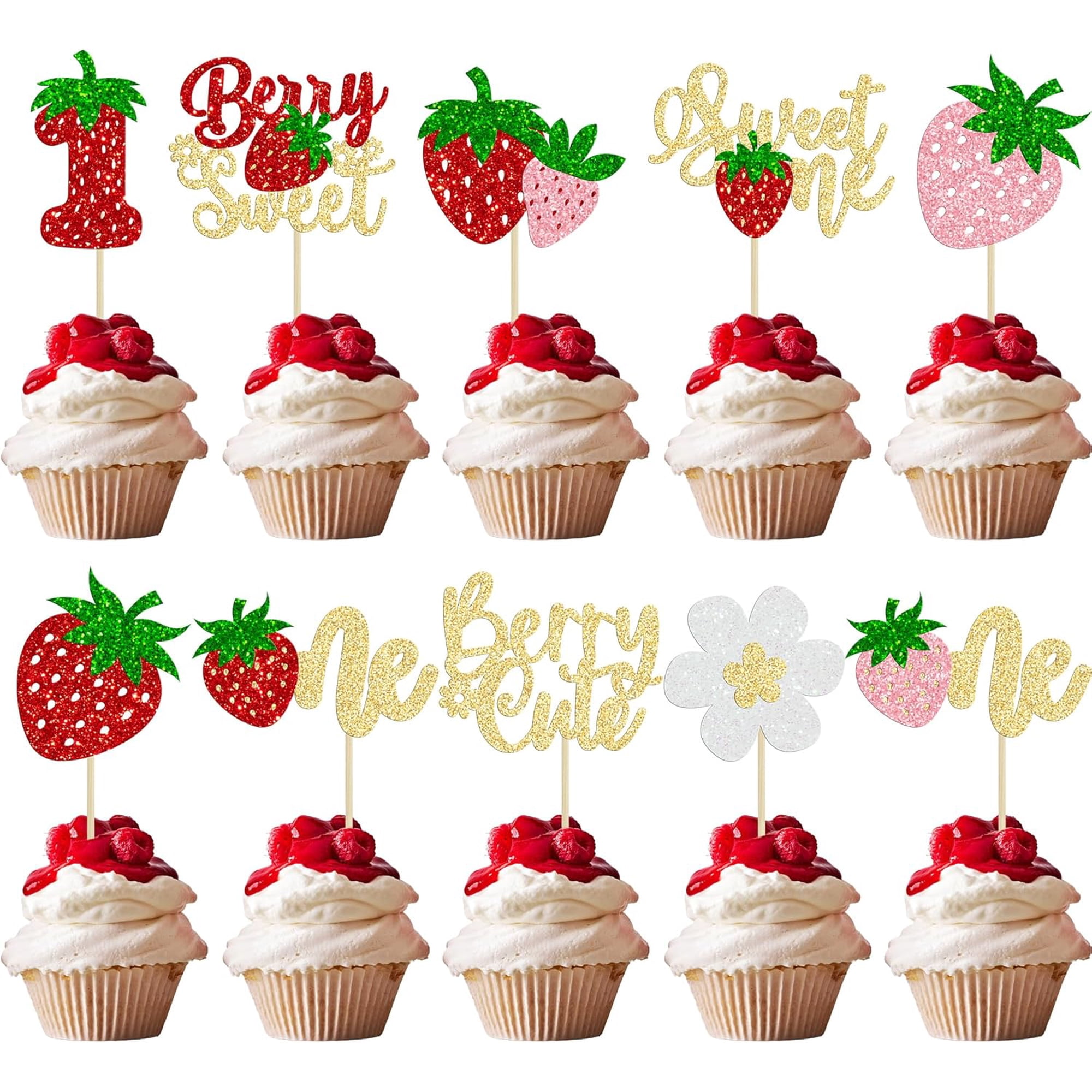 12Pcs Multicolor Glitter Strawberry 1st Birthday Cupcake Toppers Sweet One Berry Cute Berry Sweet Themed Cake Picks for Girl s First Birthday
