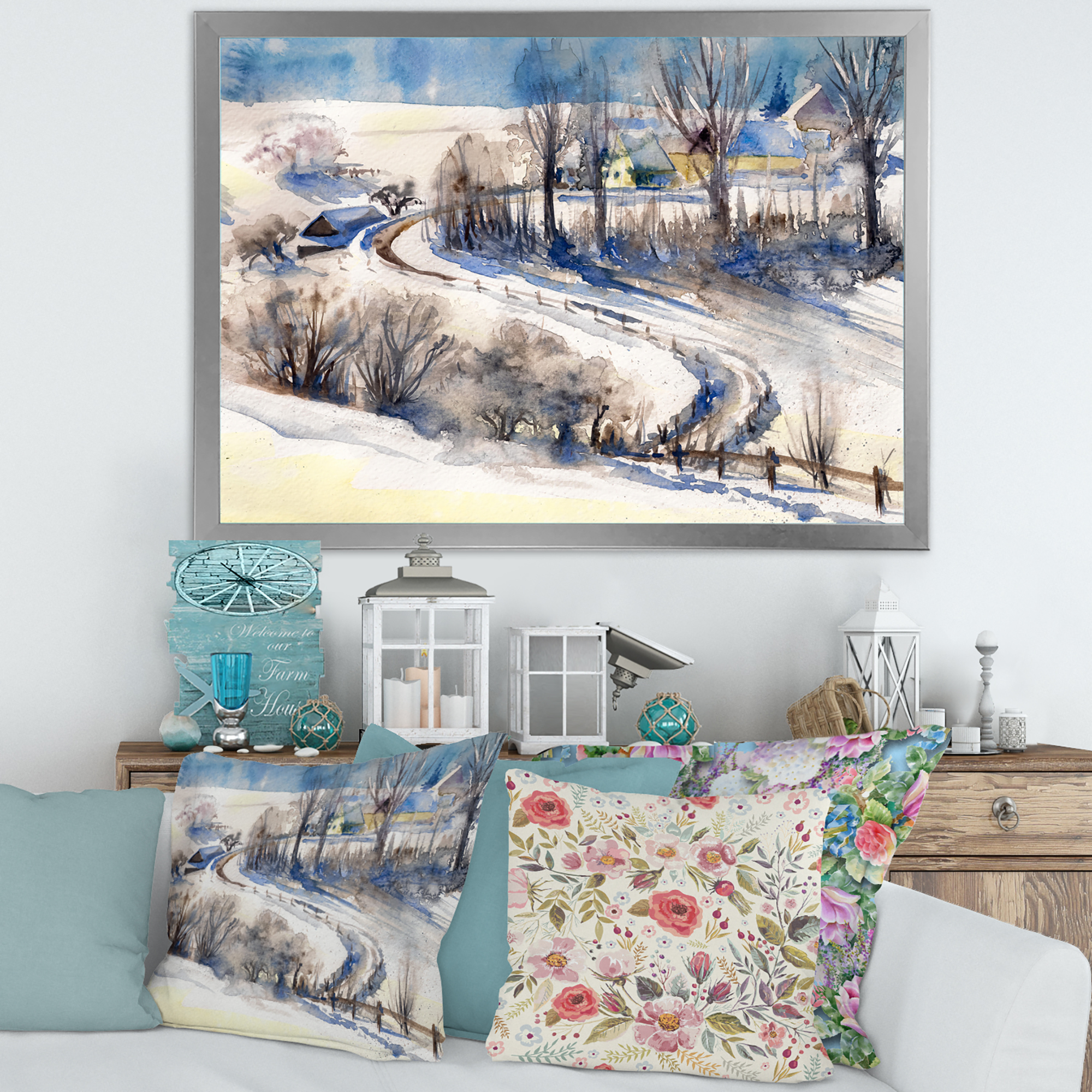 Designart 'Country Road In Winter Times Landscape I' Traditional Framed Art Print