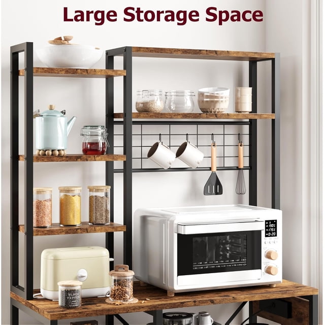 Kojooin Microwave Stand, with Storage, with Power Output, 7-Tier Kitchen Bakers Racks, with Hook, Baker Rack for Kitchen, Dining Room, Bakery