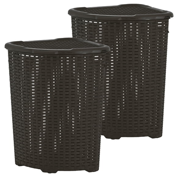 Superio 50L Wicker Plastic Corner Laundry Hamper with Lid - Brown (2 Pack)