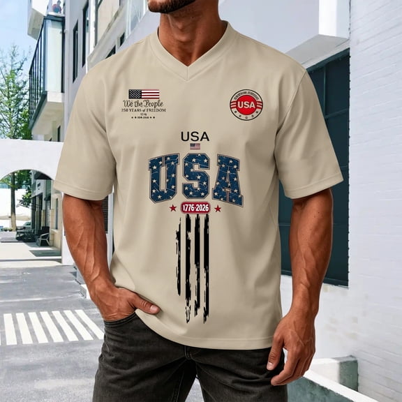 250 Anniversary USA Shirt Mens Men's Summer Graphic V Neck Short Sleeve Everyday Casual Tee 4Th of July Shirt Beige L
