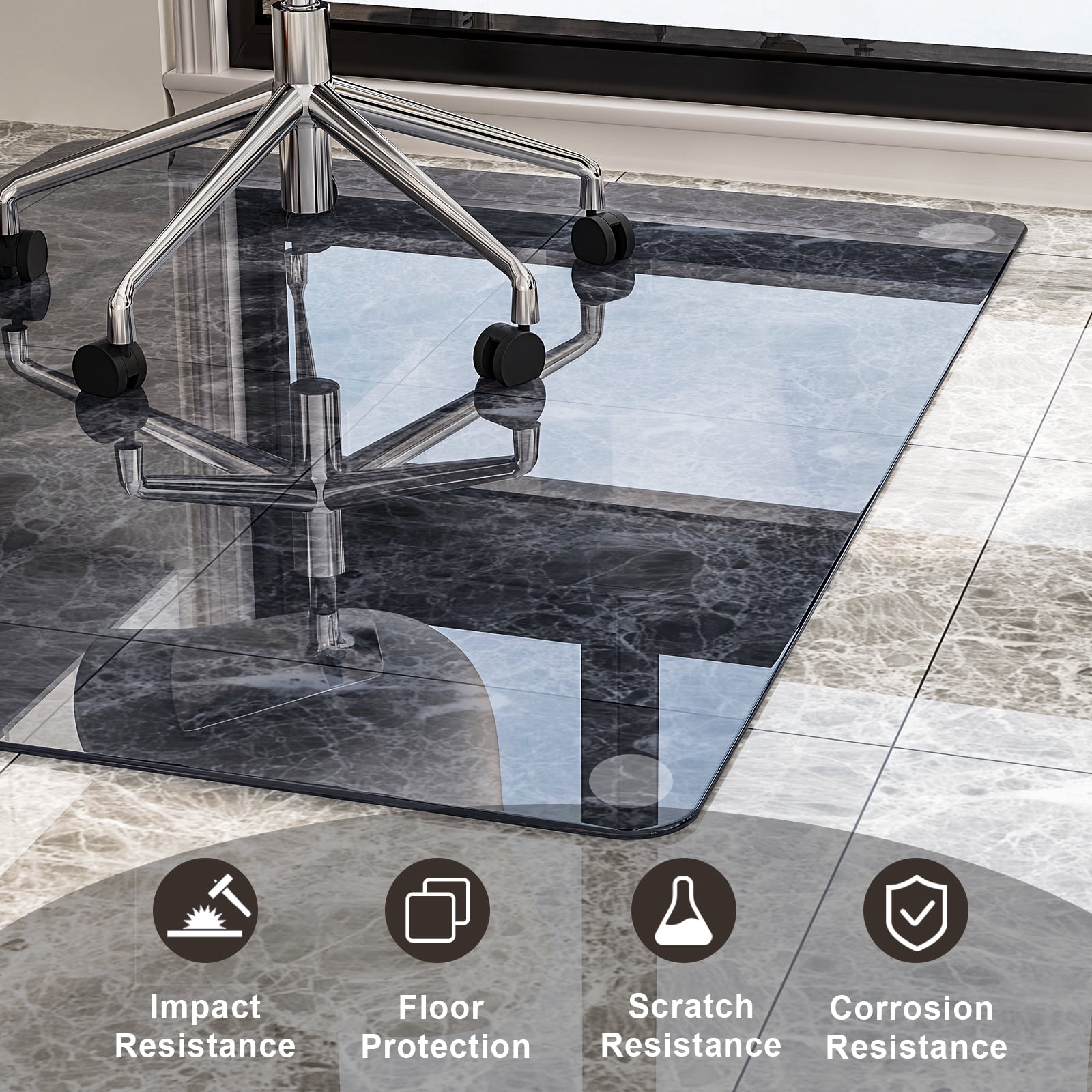 GRAHMCY 46"x55" Office Chair Glass Mat Tempered Glass Mat for Carpeted or Hardwood Floors,Gray