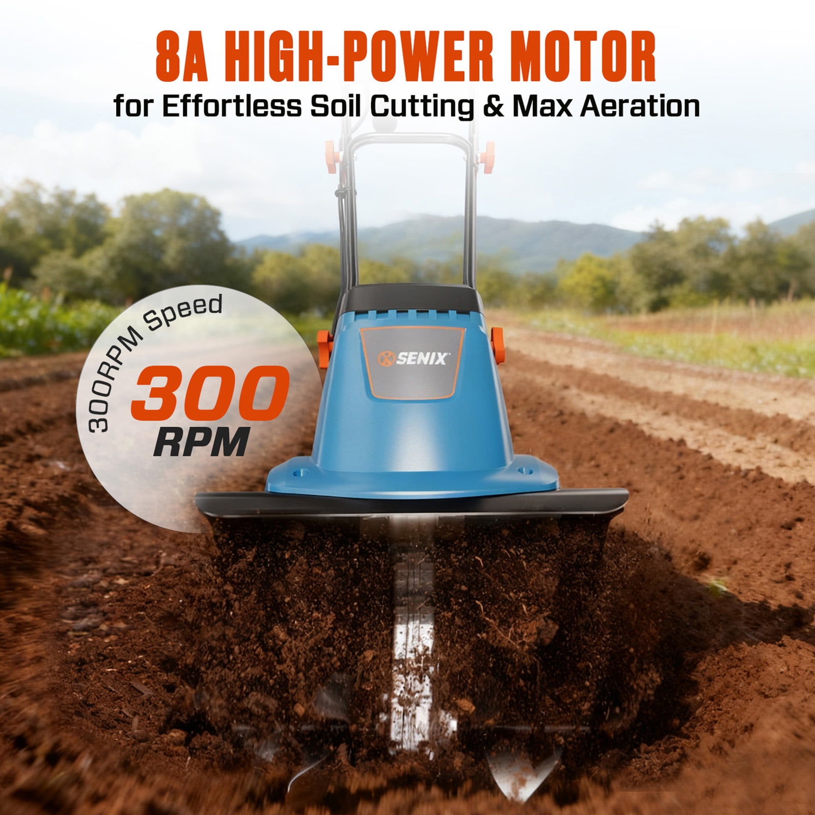 SENIX 8Amp Electric Garden Tiller/Cultivator with 15” Tilling Width and 8” Tilling Depth, 4 Steel Tines,Foldable Handle, TLEO8-L1
