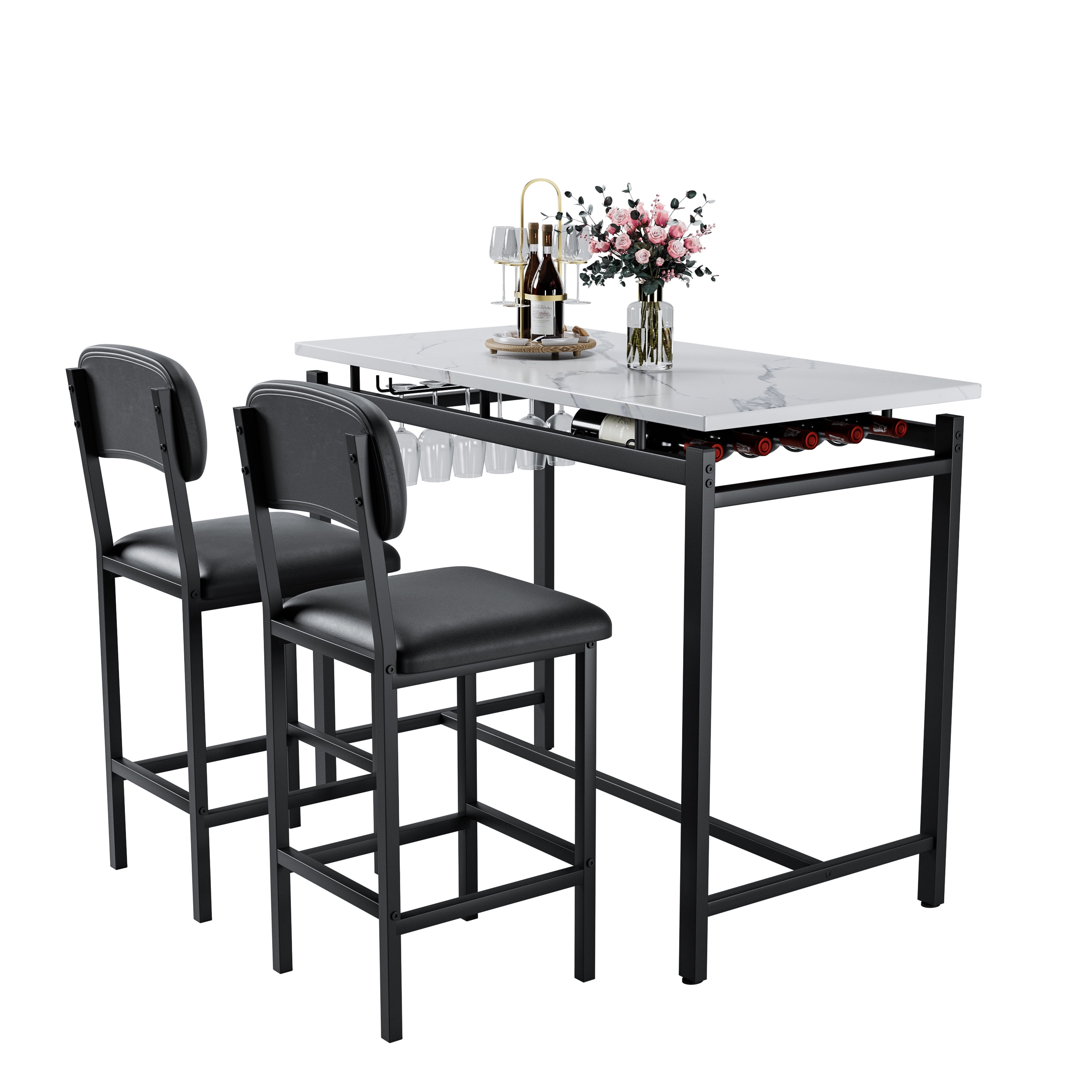 Aukfa Bar Dining Table Set&nbsp;for 2, Kitchen Table Set w/ Wine Rack &Upholstered Chairs for Small Spaces, Black