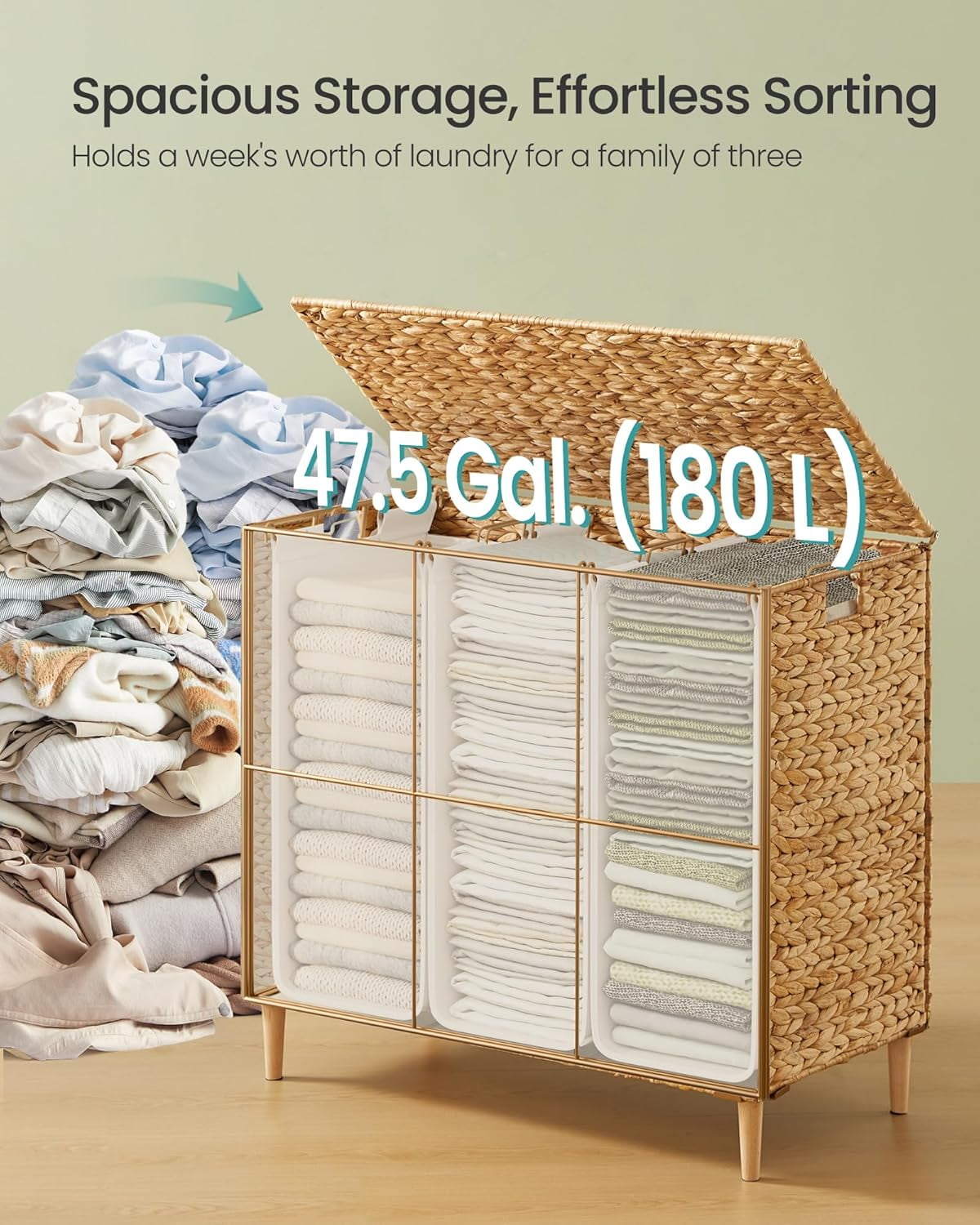 FeGemax Laundry Hamper 3 Sections, 47.5 Gal. (180 L) Handwoven Water Hyacinth Wicker Laundry Basket with Lid, Natural Material, Removable Machine Washable Liners, Handles, Natural ULCB203Y01