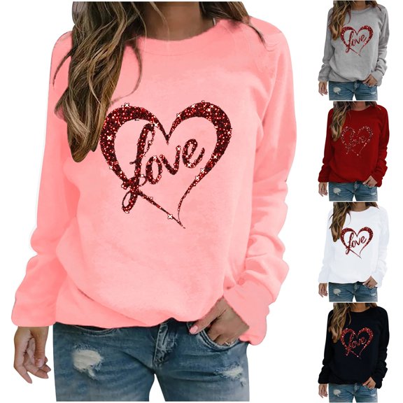 VKOYWKM Women's Heart Print Shirts Valentine's Day T-Shirts Long Sleeve Crew Neck Loose Fit Valentine Tops Romantic Holiday Pullover