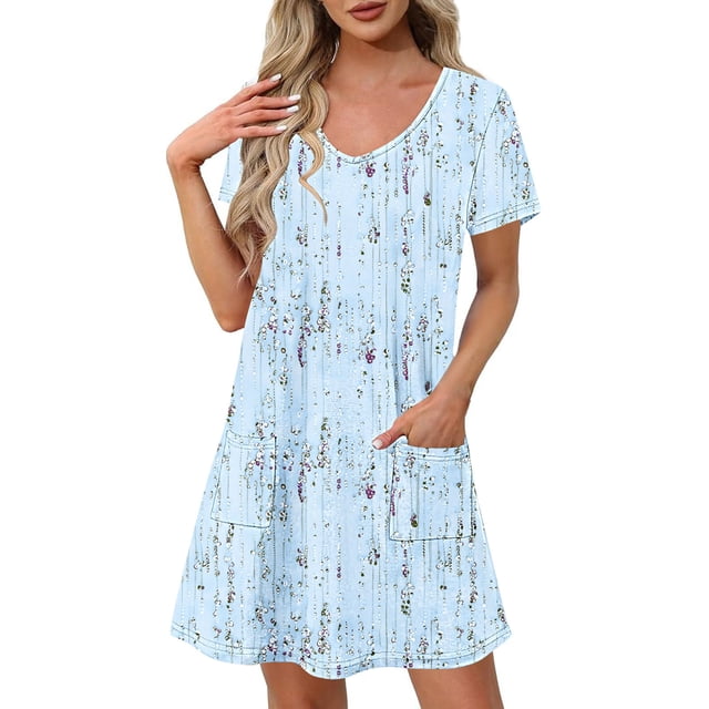 Pisexur Robes Femmes Belle Robe d'Été pour la Mode Féminine d'Été Imprimé à Manches Courtes Col en V Robe Décontractée Bleu Clair,2TG