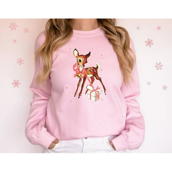Retro Reindeer Pink Christmas Sweatshirt Gift for Her Vintage Reindeer Christmas Sweater Baby Deer Sweatshirt Retro Christmas Party Shirt