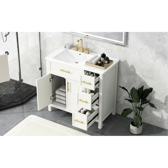 36" Bathroom Vanity - Solid Wood & , White Finish, Two Doors And Three Drawers, Left Ceramic Sink For Decoration In White, Metal Handle Easy Opening