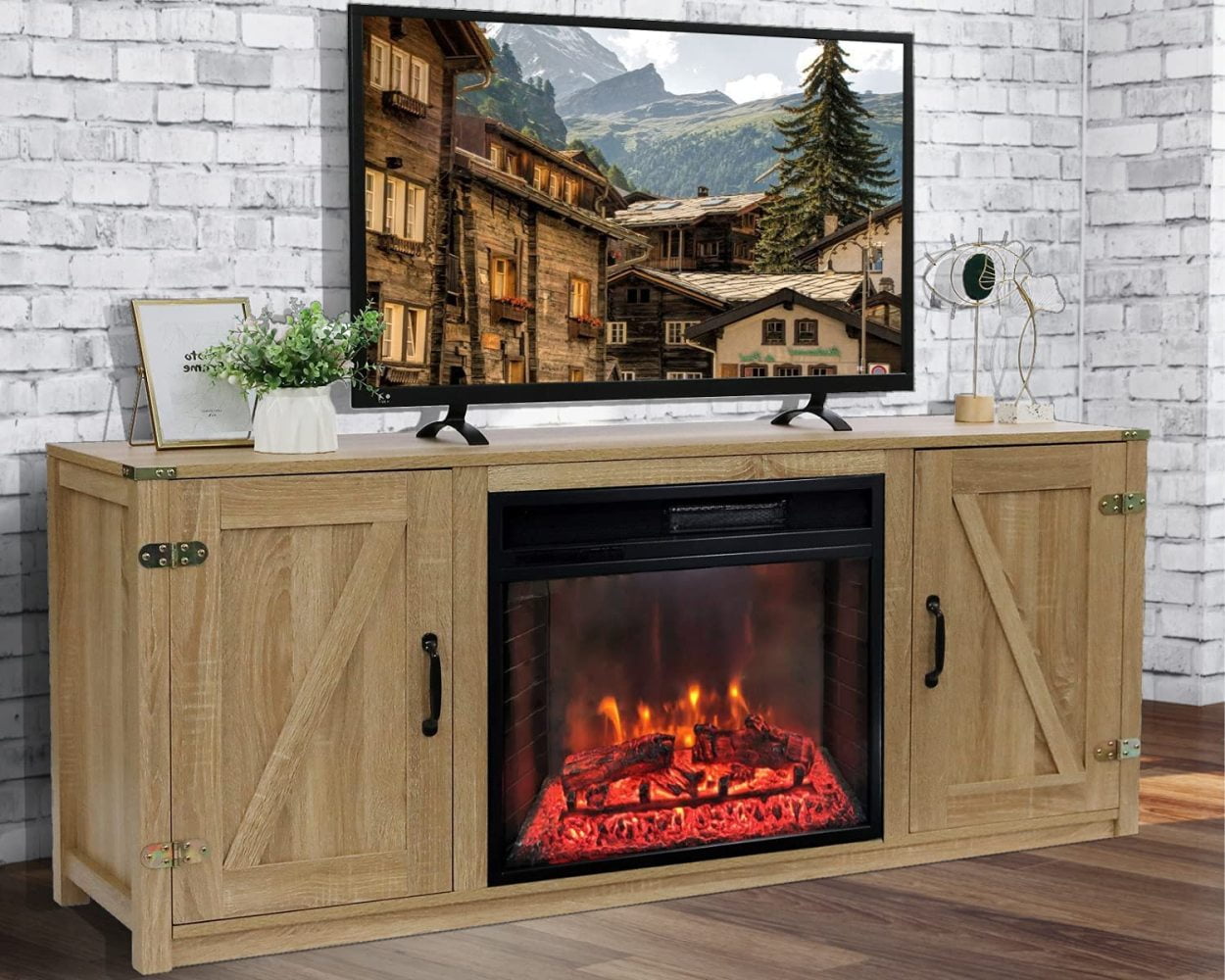 "TaliaPosy Farmhouse Fireplace TV Stand with Barn Door for TVs up to 65