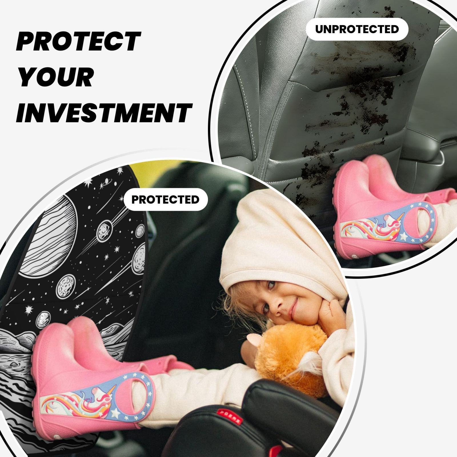Kdxio Cosmic Landscape Celestial Art Print 2 Pack Car Kick Mat Seat Cover Back Protector Mat with Pockets for Organizer Backseat Protector and Storage Anti Kick Pad for Vehicles