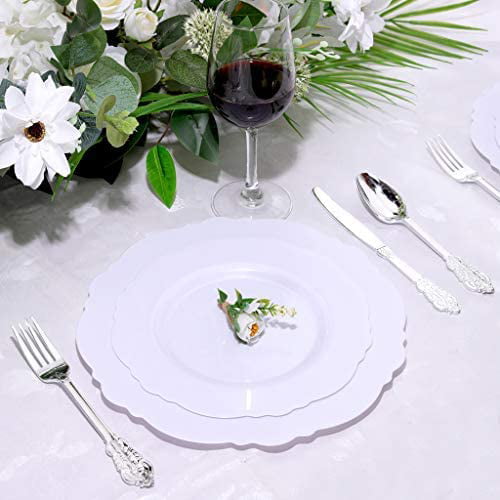 7.5inch Baroque White Disposable Dessert/Salad Plates for Upscale Parties &Wedding WDF 60pcs White Plastic Plates 