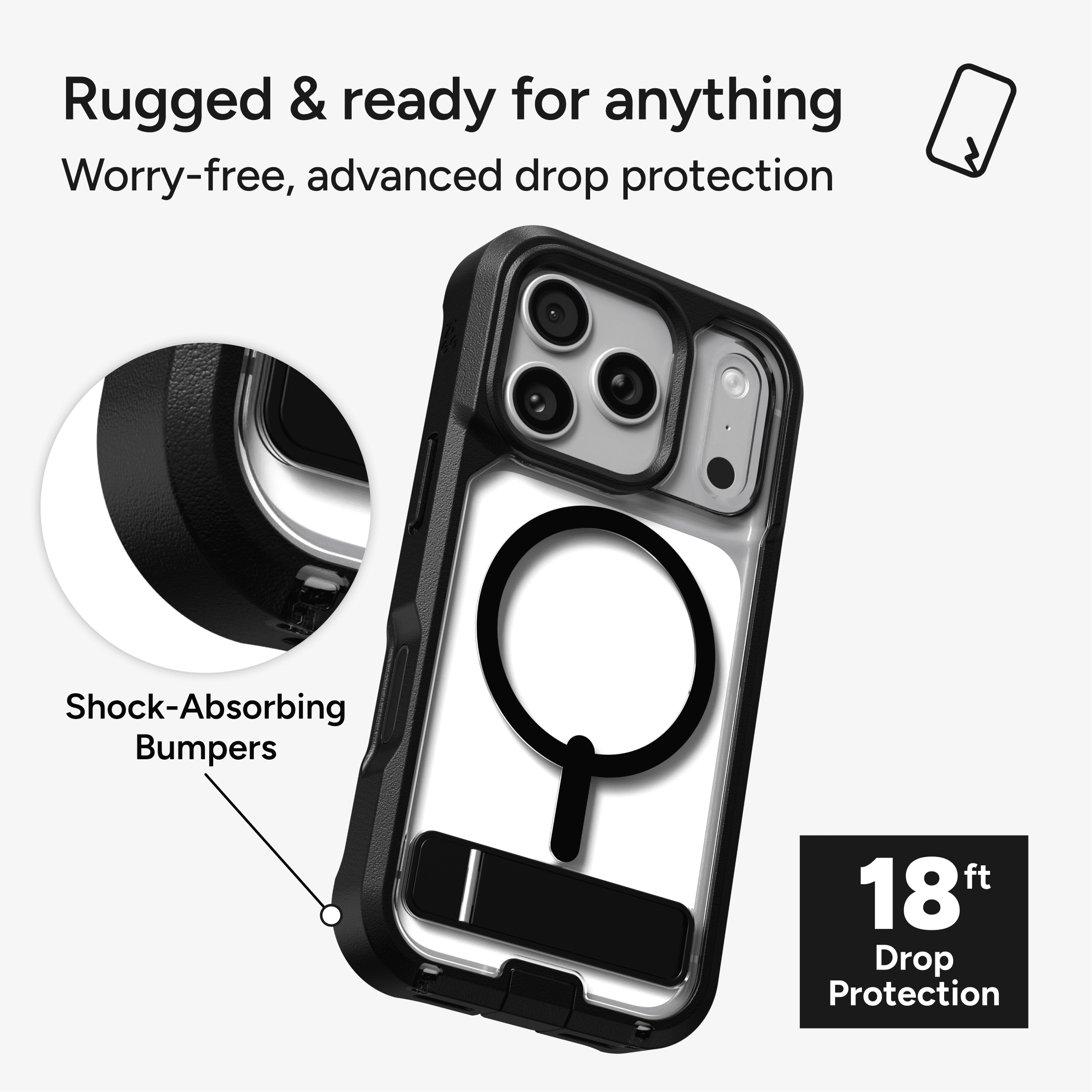 ZAGG Rugged Case - Apple iPhone 18 Pro & 17 Pro Case with MagSafe and Built-In Kickstand – Clear/Black