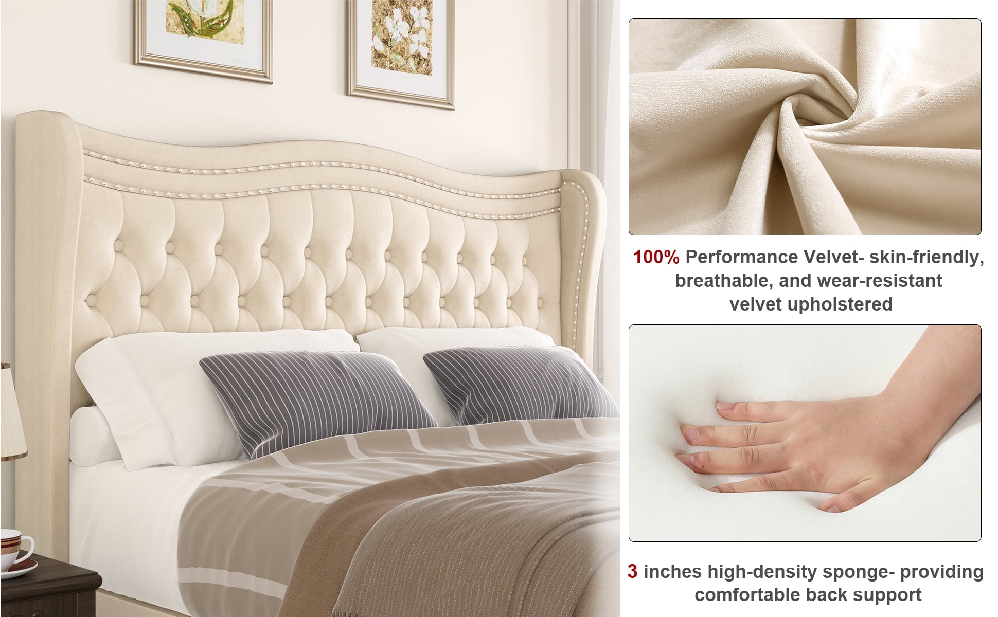 Gewnee Full Bed Frame with 52" Tall Headboard Velvet Upholstered Wingback & Rivet Decor Platform Bed Frame, Beige