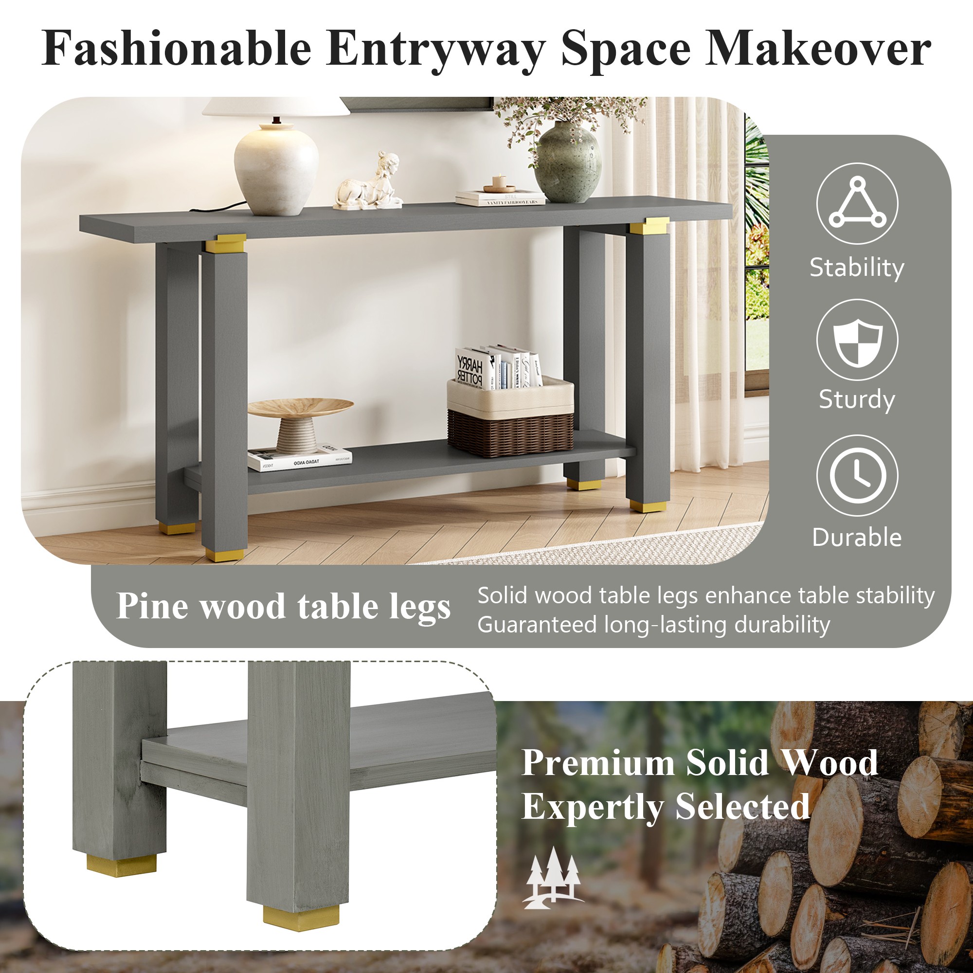 62.9" Modern Minimalist Console Table, Solid Wood Entryway Sofa Table with Metal Accents, Built-in Shelf, for Living Room, Hallway (Gray)