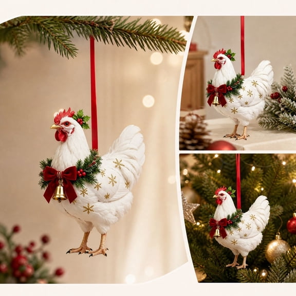 Christmas Chicken Ornament for Xmas Tree, Funny Chicken Hanging Ornament, 2D Flat Acrylic Designs, Holiday Keepsake, Farmhouse Gift for Chicken Lovers,1PCS