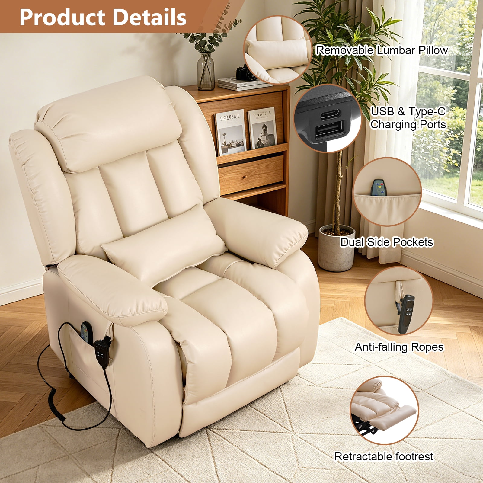 TEKAMON Infinite Position Lift Recliner Chair for Elderly with Heat Massage and Extended Footrest Lay Flat Sleeping Leather Dual Motor Power Lift Chair for Living Room (Beige)
