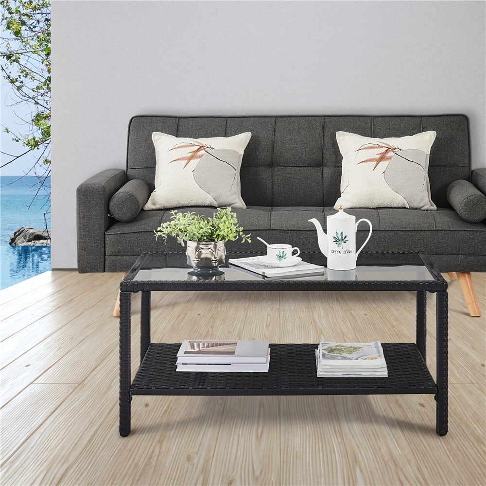 Yaheetech 2-Layer Outdoor Wicker Coffee Table with Tempered Glass Top, Gray