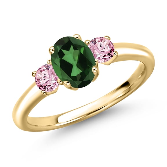 Gem Stone King 10K Yellow Gold Emerald Envy Mystic Topaz and Pink Lab Grown Diamond Engagement Ring for Women | 1.16 Cttw | Oval 7X5MM | Gemstone November Birthstone | Size 9