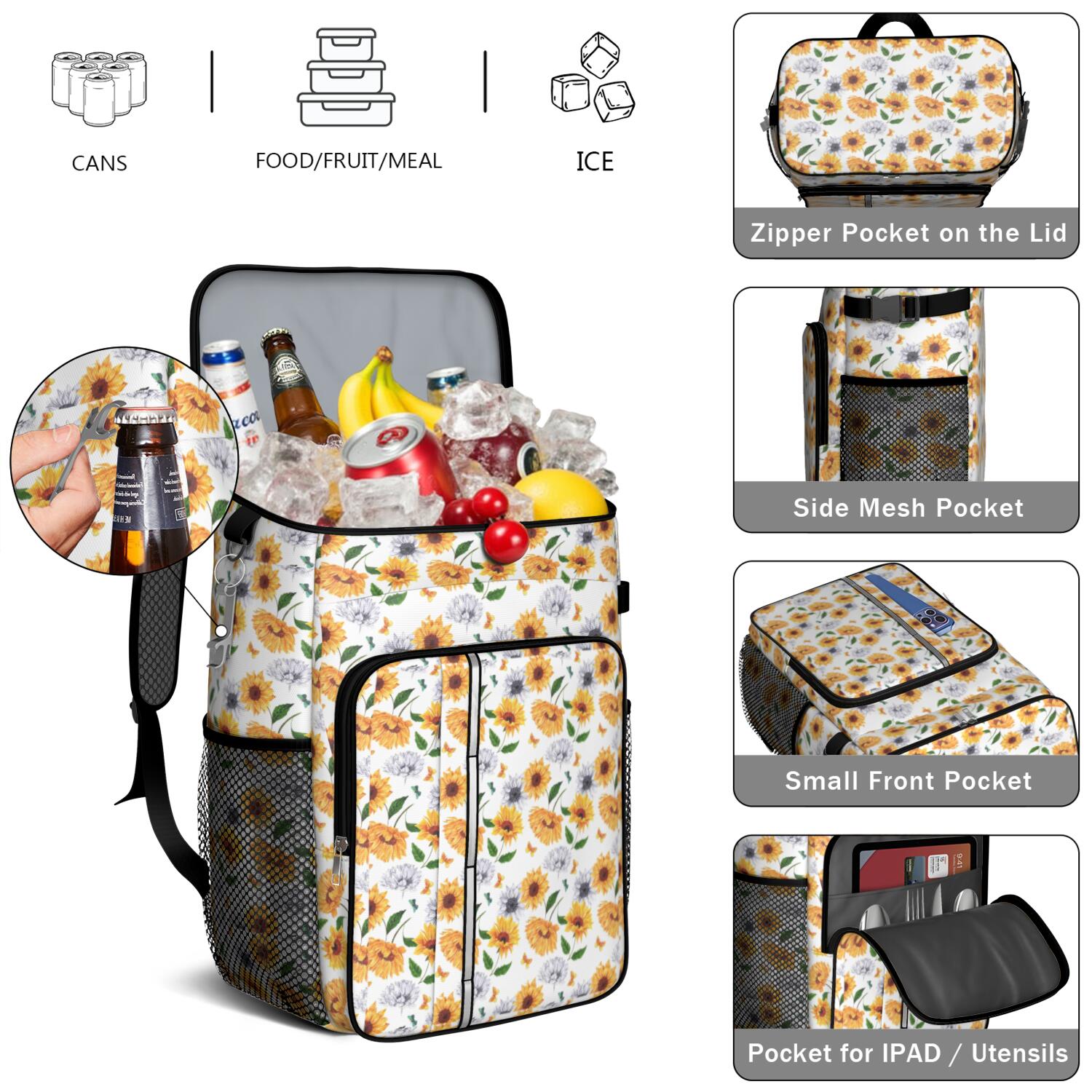 Travel Cooler Bag - White Sunflower Camping Beer Cooler Backpack with Bottle Opener- Waterproof Insulated Picnic Backpacks - Cooler Bag for Beach