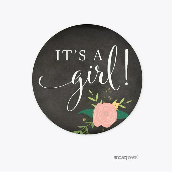 Chalkboard Floral Baby Shower Round Stickers, It´s A Girl!, 40-Pack