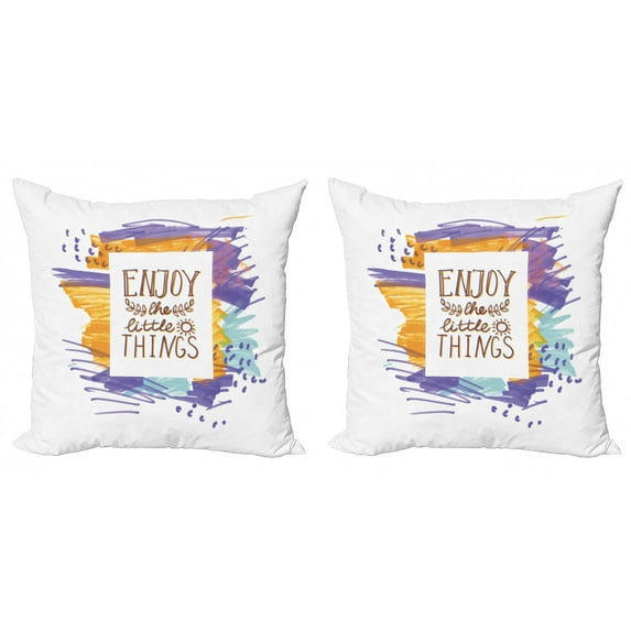 Saying Throw Pillow Cushion Cover Pack of 2, Modern Style Enjoy the Little Things Lettering, Zippered Double-Side Digital Print, 4 Sizes, Blue Violet Marigold, by Ambesonne