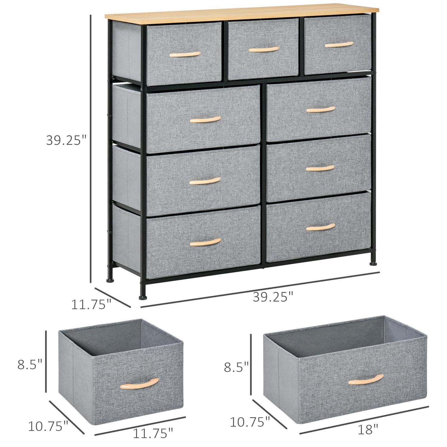 Demi Bonn 9 Drawer Steel Frame Storage Organizer, Wood Top & Easy Pull Fabric Bins for Hallways & Closets, Gray