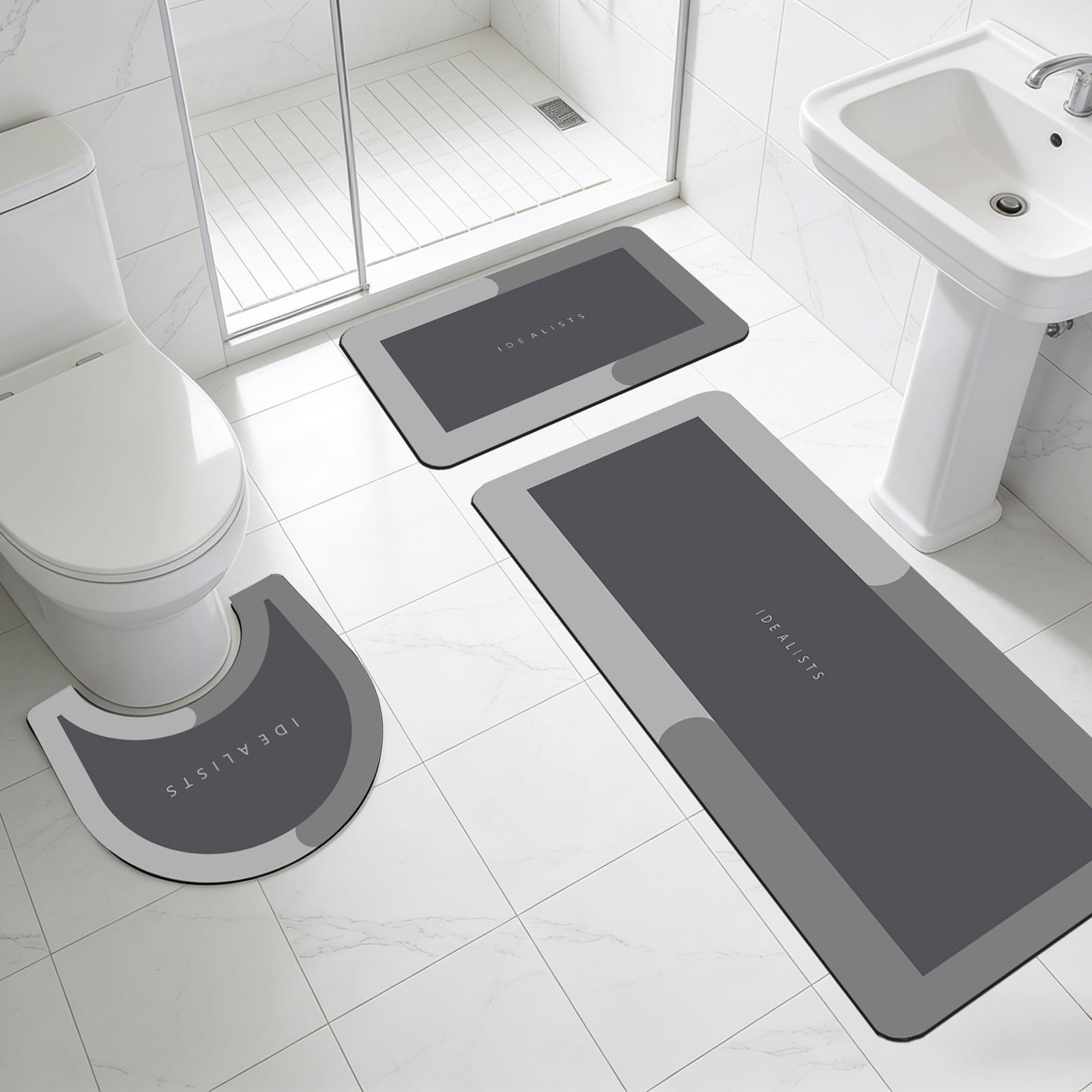 AuroraX Stone Bathroom Rug Set 3 Piece with Gray Absorbent Non Slip Rubber-Backed Diatomaceous Earth Bath Mat Long Rug Runner U-Shaped Toilet Rug Quick Dry Washable Bath Rug Set for Bathtub,Shower