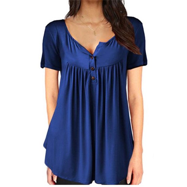 Qarigey Camiseta de mujer con cuello en V Blusa de manga corta Botón casual Top plisado Prendas para la parte del cuerpo azul METRO Qarigey AP001823-12