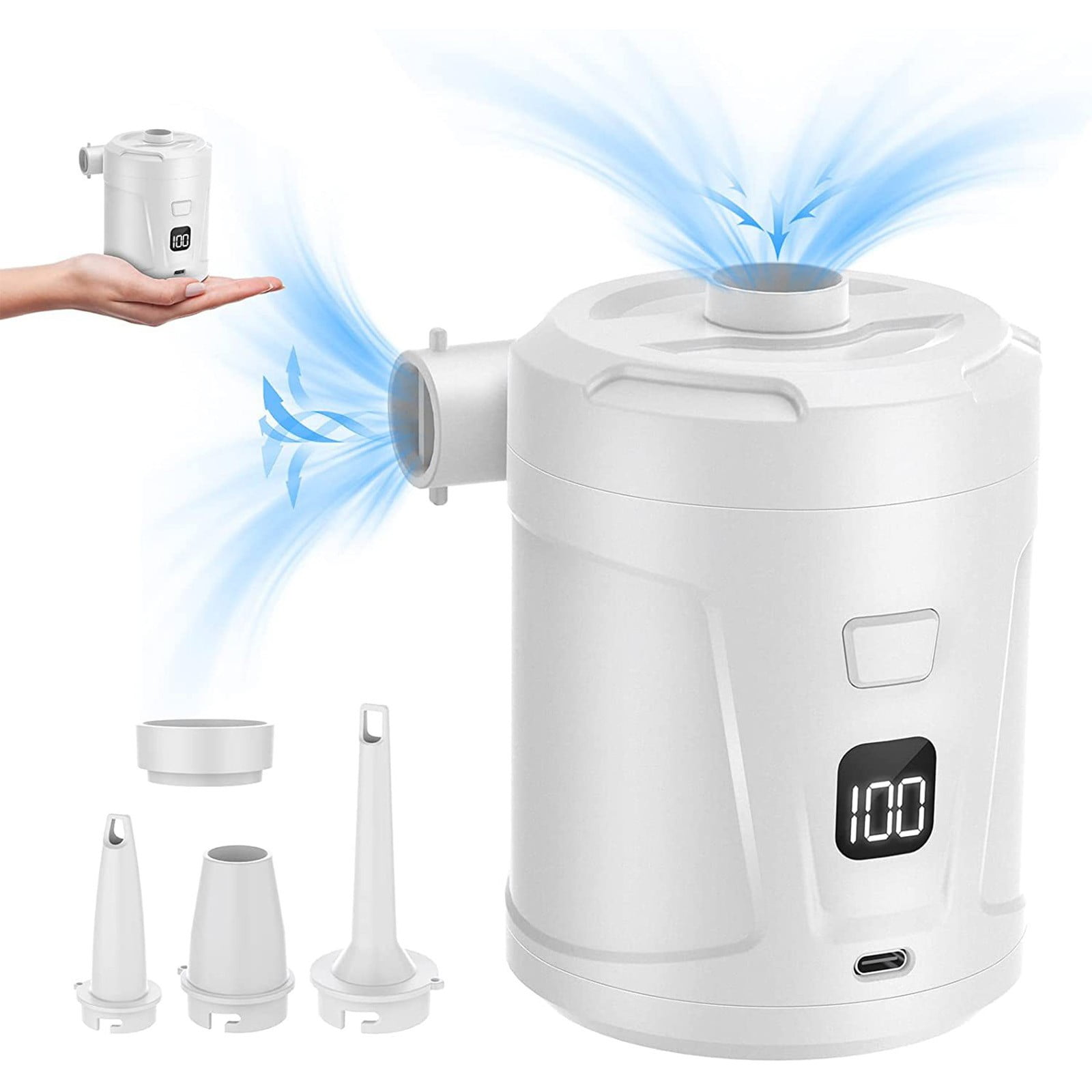 COM1950s Portable Electric Air Pump,Rechargeable Inflator Deflator for Tires Mattress Pool Toys,Compact Camping Pump with 5200Mah Battery,Fast Inflation 280L/Min,Car Home Outdoor Use