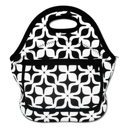 Wendana White Black Geometric Pattern Waterproof Lunch Bag for Women fashion Reusable Insulated Lunch Boxes for School Work Office Picnic Travel Neoprene Lunch Tote with Side Pocket Zipper